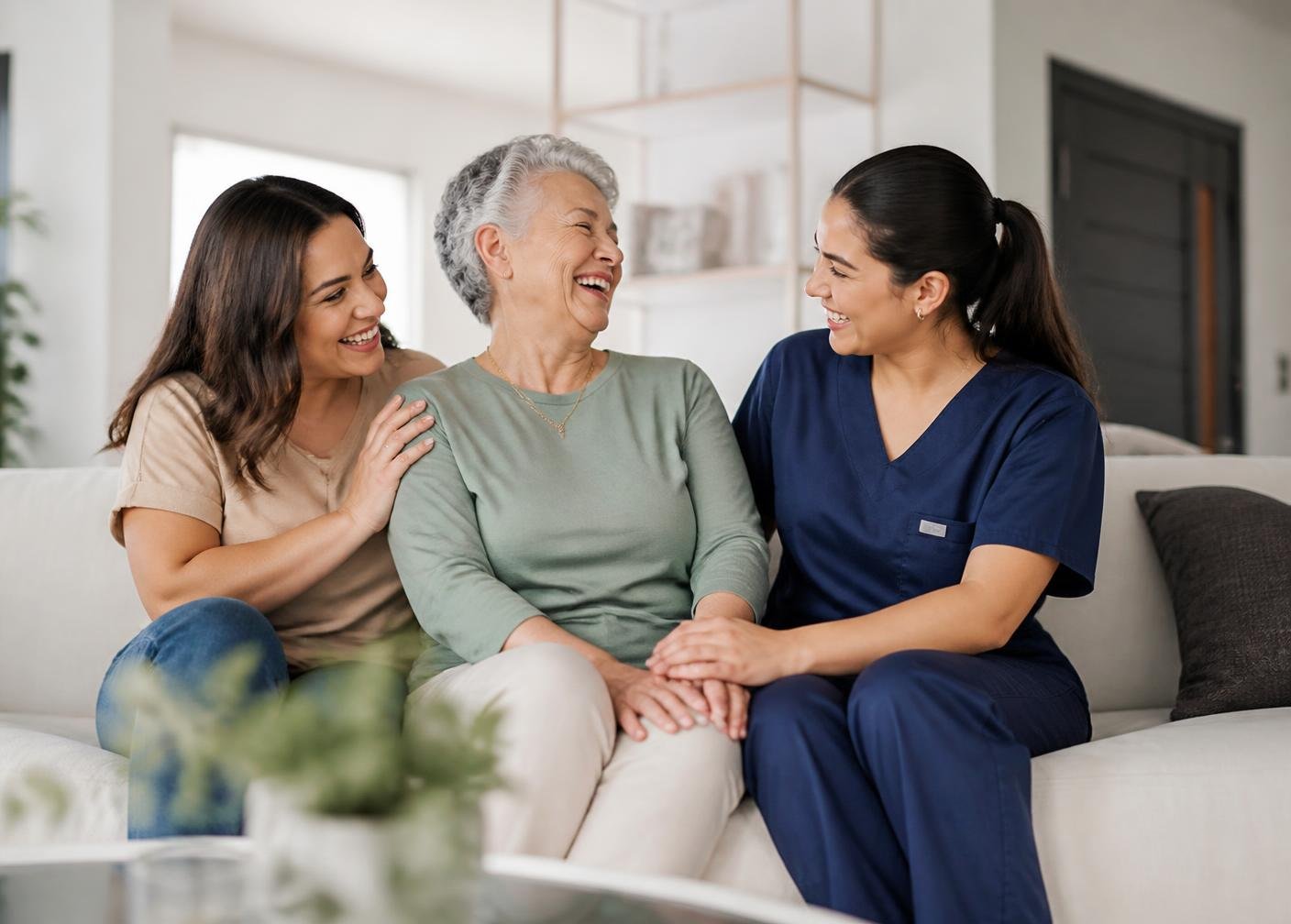 Curanova Care Home nurse laughing with an elderly resident and their family